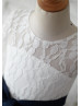 Ivory Lace Tulle Short Sleeves Heart Hole Back Knee Length Flower Girl Dress 